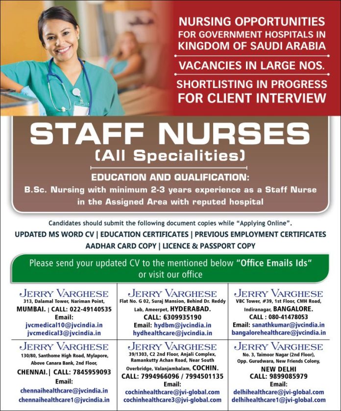 SAUDI ARABIA - Required Staff Nurses - Interview @ Chennai, Cochin, Bangalore, Mumbai, Hyderabad