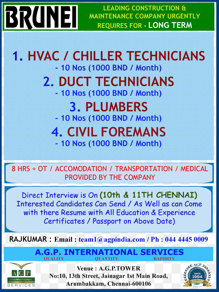 Brunei - Construction and Maintenance Company Requires Interview on 10, 11th June at Chennai