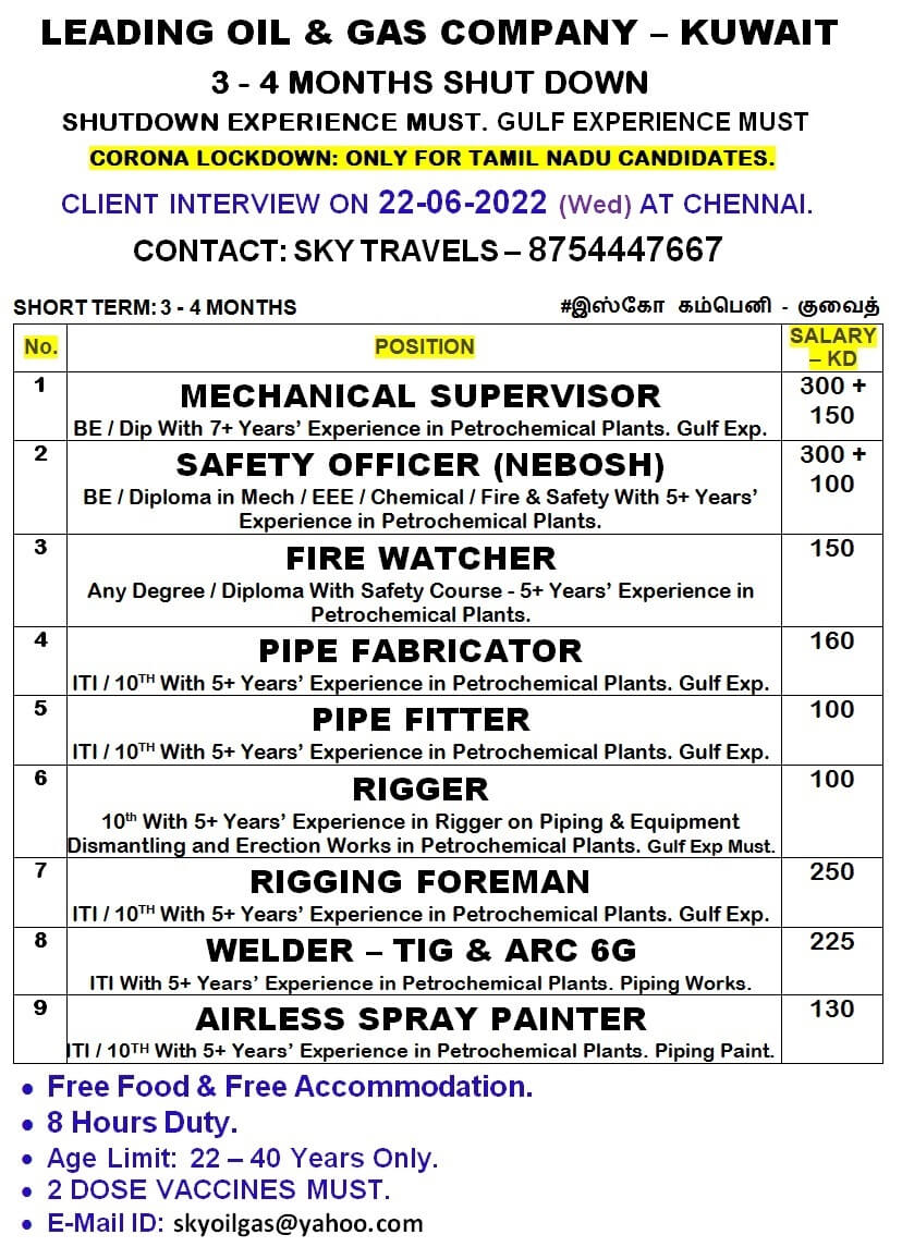 KUWAIT - Oil and Gas Company  Client Interview on 22-06-2022 @ CHENNAI