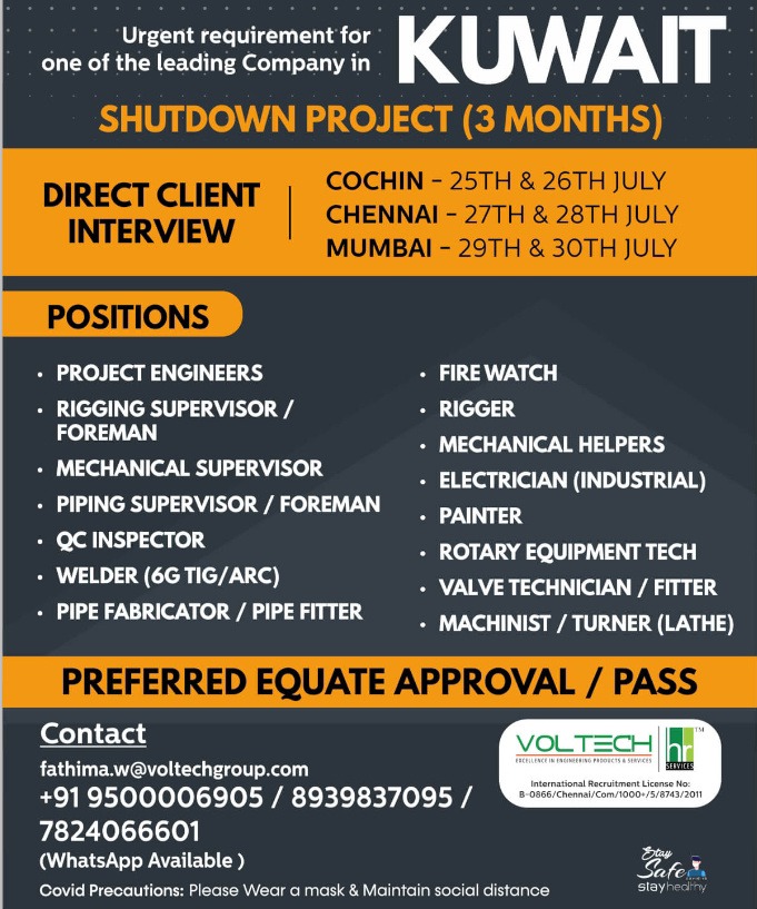 Kuwait - Hiring for Shutdown project - Interview on 25th to 30th July @Chennai, Cochin,Mumbai