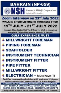 Bahrain - Hiring - Interview on 21st July @Mumbai