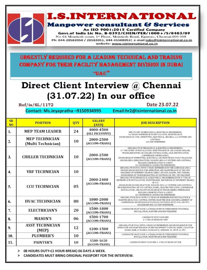 Dubai Hiring for Technical and Trading company Interview on 31st