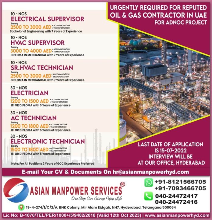 UAE - URGENT REQUIRED FOR REPUTED OIL & GAS COMPANY INTERVIEW ON 15-07-2022 @ HYDERABAD