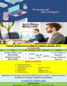 SAUDI - Riyadh IT Company Hiring Front End & Back End Developer