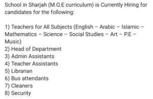 School in Sharjah is Currently Hiring for the following