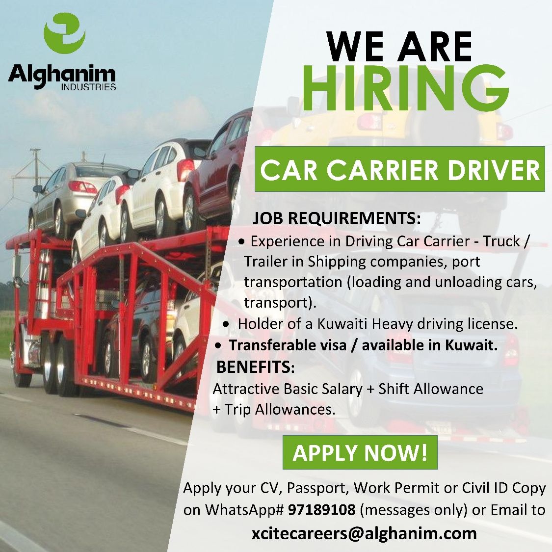 Kuwait – Alghanim Industries Hiring Car Carrier Driver