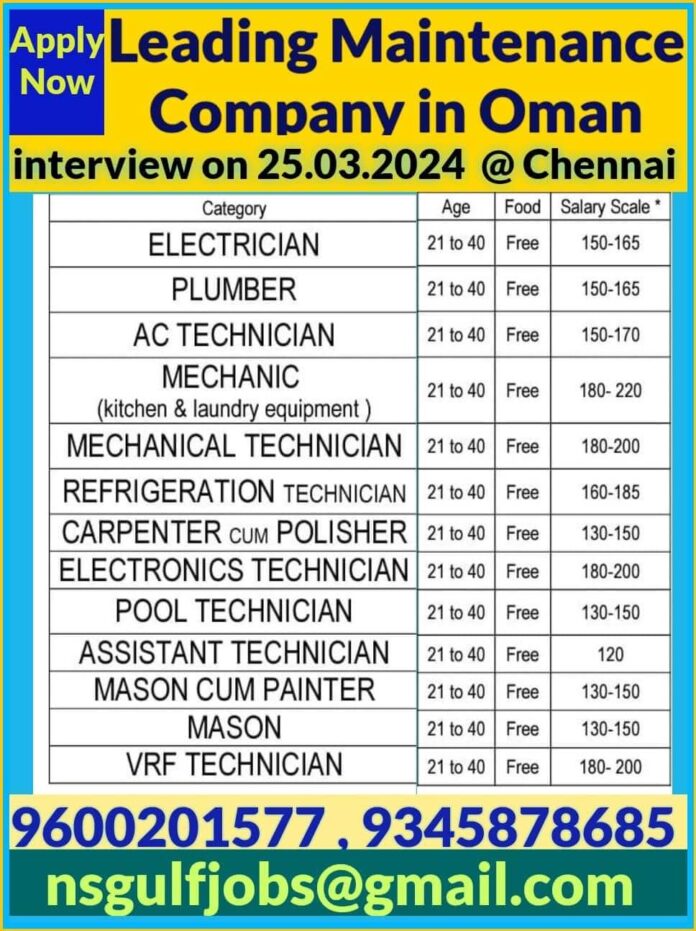 Oman Leading Maintenance Company Hiring at Chennai Interview on 25.03.2024