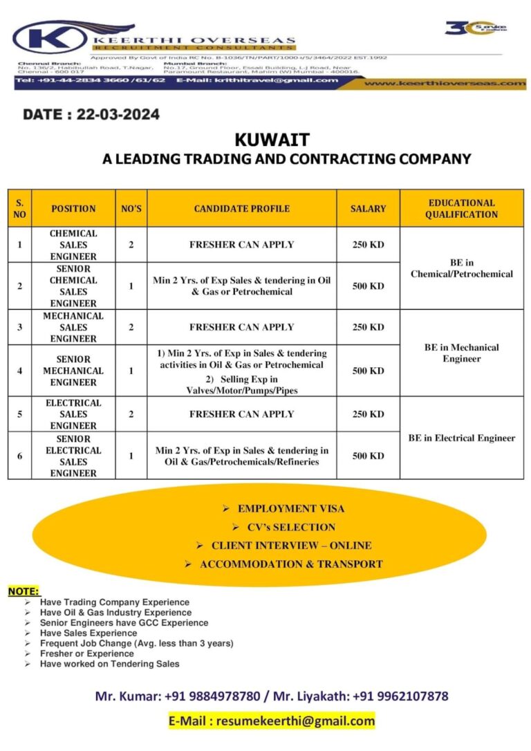 Kuwait - A Leading Trading and Contracting Company Hiring in Chennai