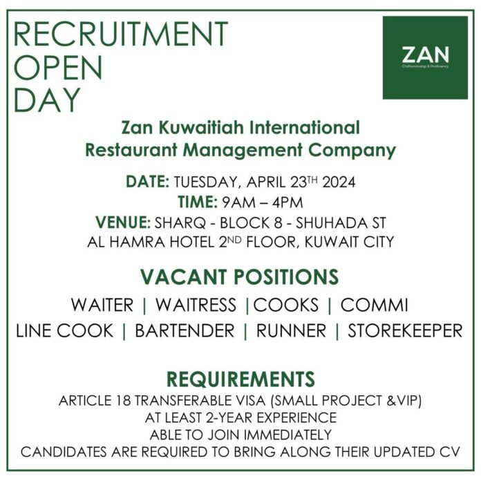 Zan Kuwaitiah International Restaurant Management Company Recruitment Open Day Interview on 23rd April 2024