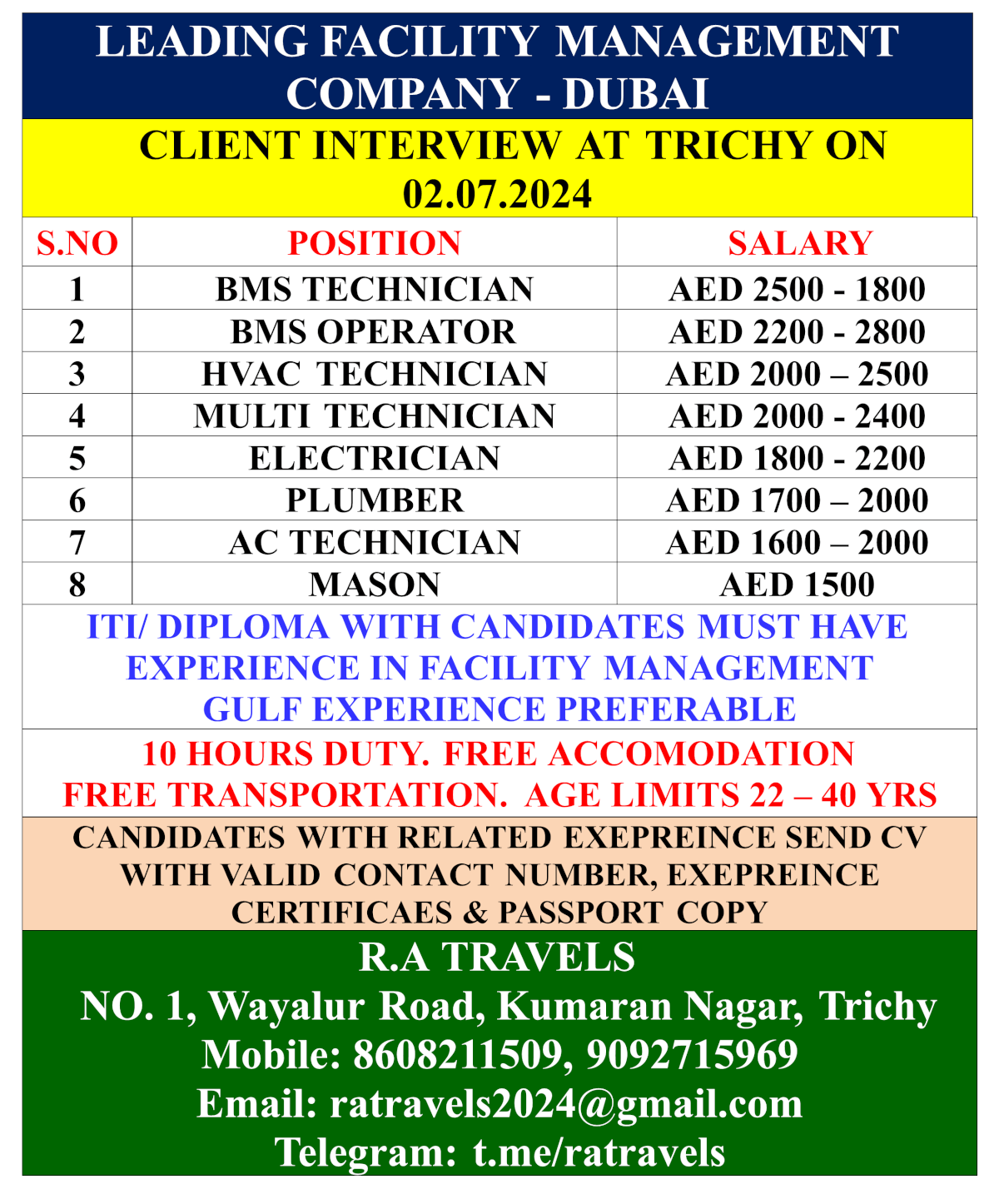 Dubai Facility Management Company Hiring – Client Interview on 02-07-2024 at Trichy 