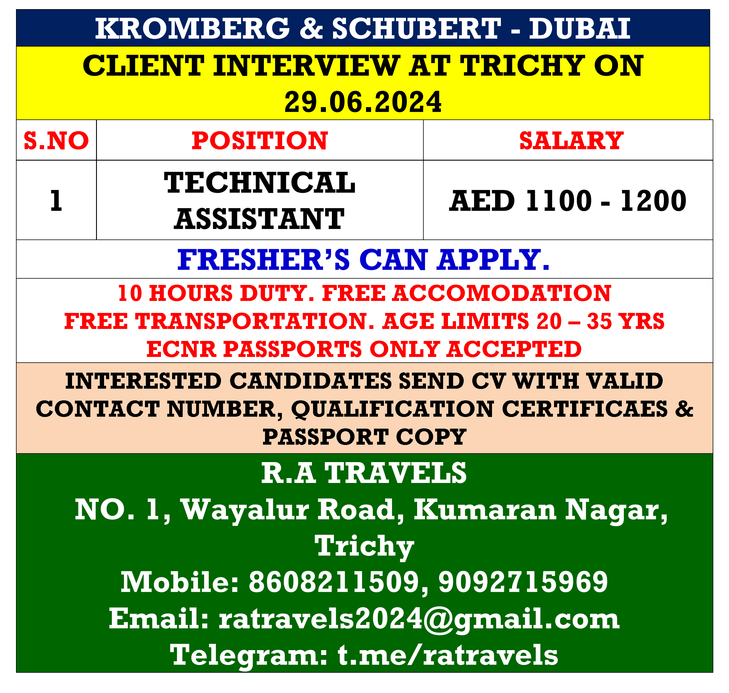 Kromberg & Schubert Dubai Careers – Client Interview at Trichy on 29-06-2024