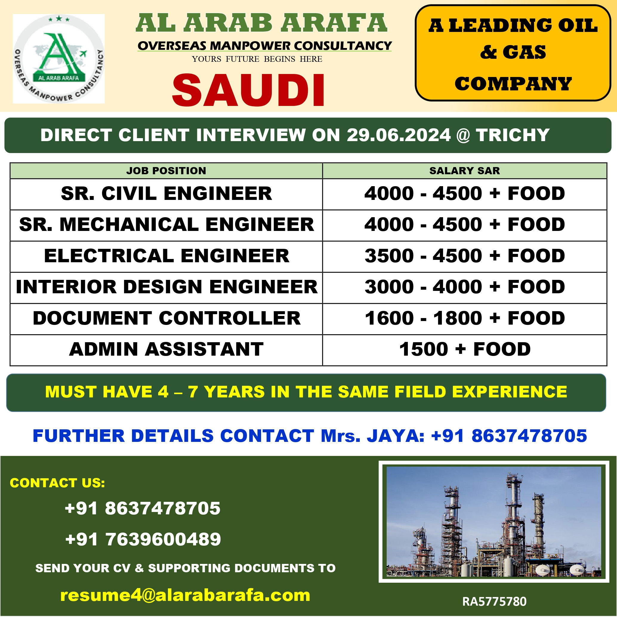 Saudi Oil and Gas Company Hiring 2024 – Direct Client Interview on 29.06.2024 at Trichy