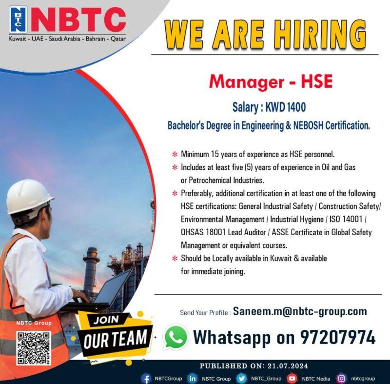 Kuwait NBTC Manager – HSE Hiring July 2024