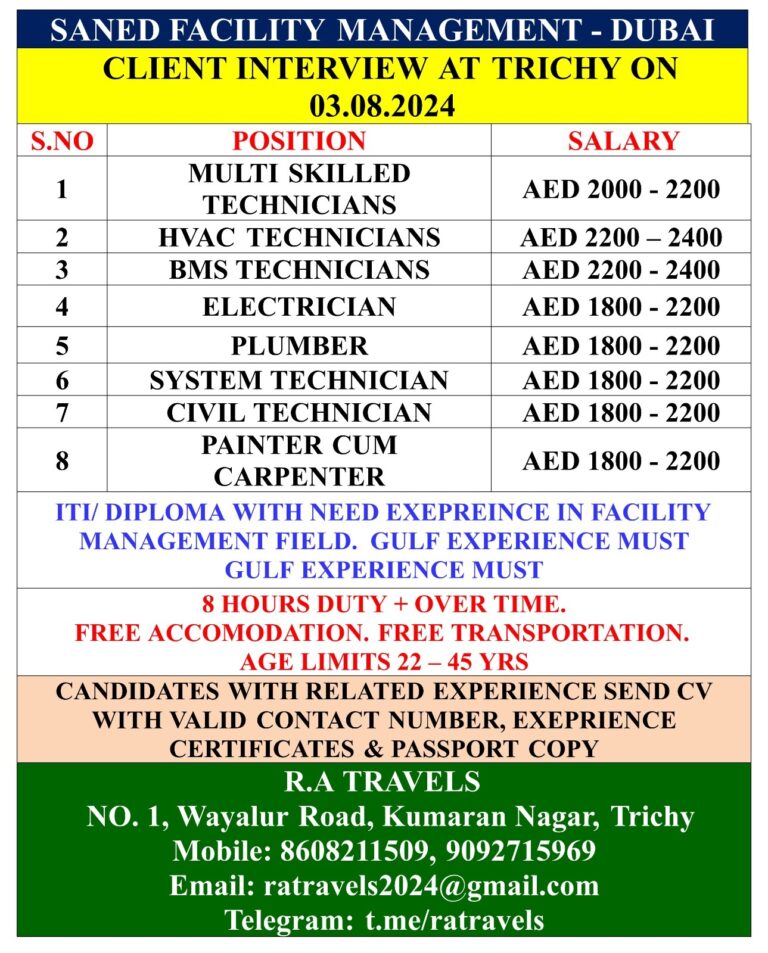 Dubai Saned Facility Management Interview at Trichy on 3 Aug