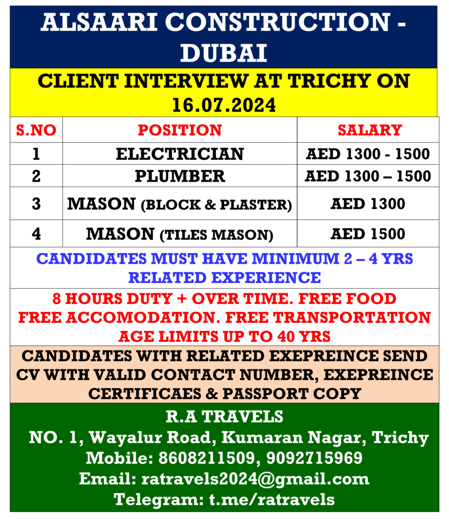 Dubai Alsaari Constuction Hiring - Clint Interview at Trichy on 16-07-2024