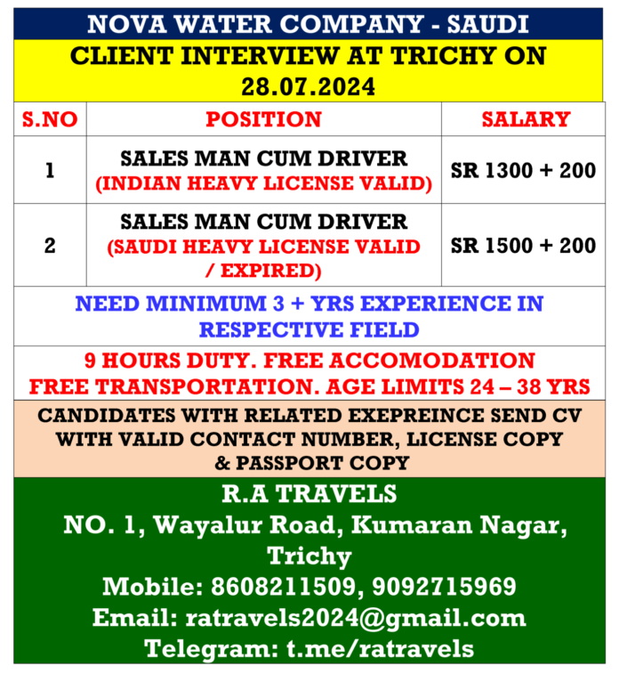 SAUDI Nova Water Company Hiring - Client Interview at Trichy on 28-07-2024