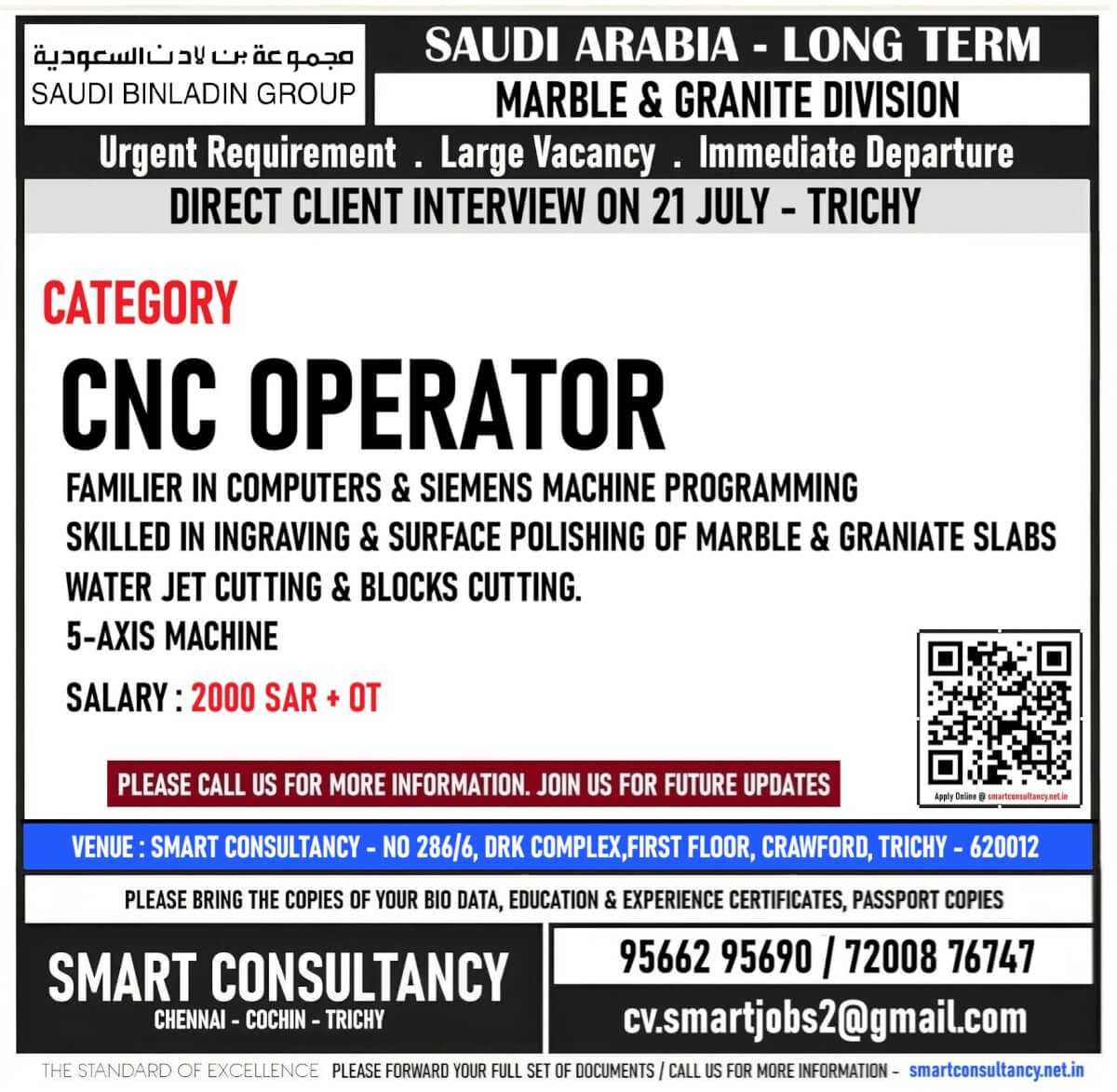 Saudi Binladin Group Hiring – Client Interview at Trichy on 21st July 2024