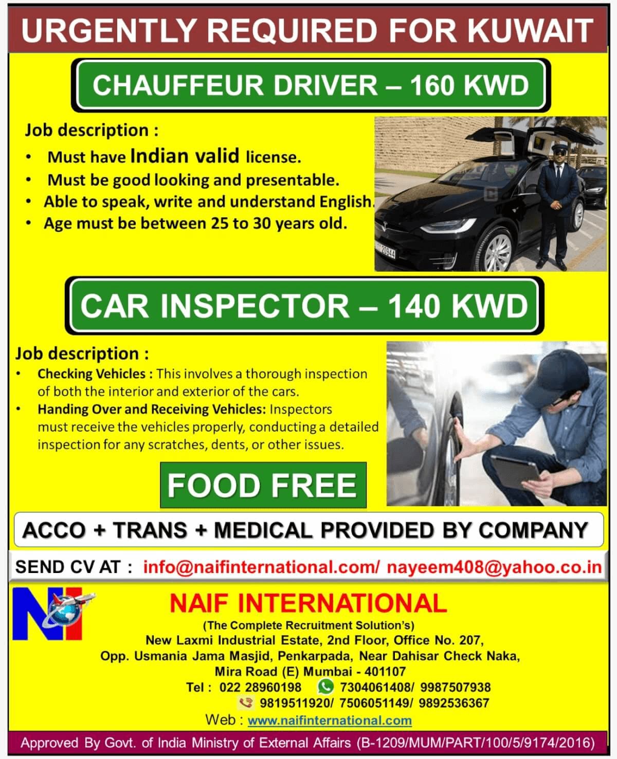 Kuwait Hiring Chauffeur Driver and Car Inspector Inerview @ 20-07-24