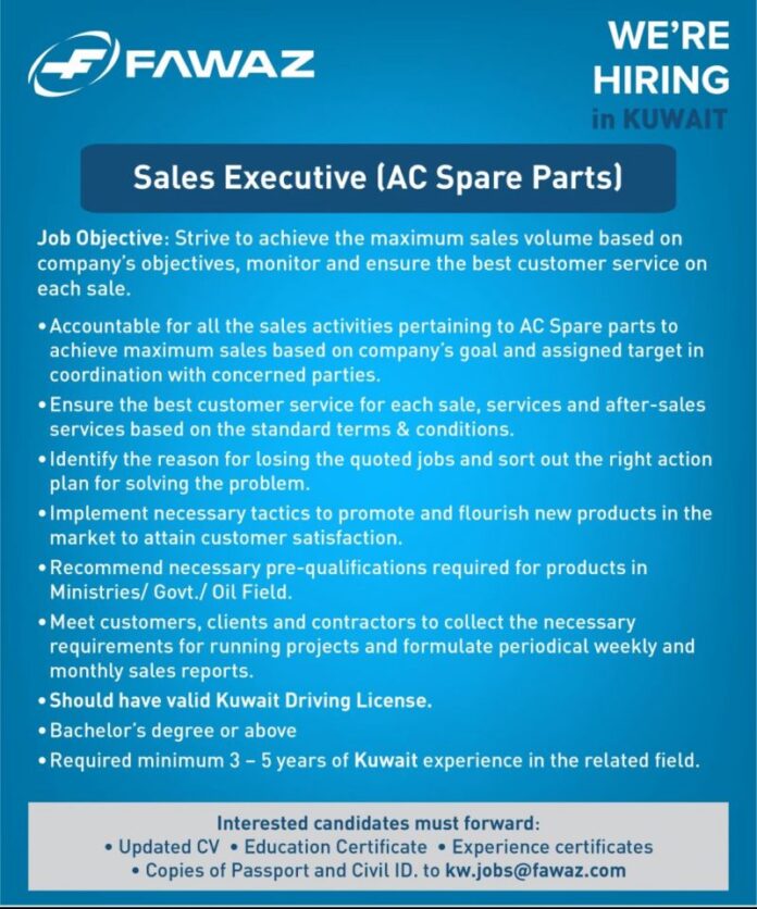 Fawaz Group is Hiring Sales Executive(AC Spare Parts)