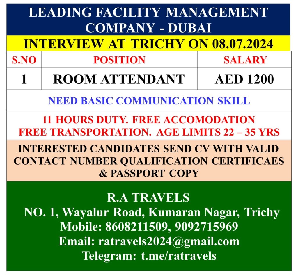 Facility Management Company Dubai Hiring Room Attendant - Client Interview at Trichy on 08-07-2024