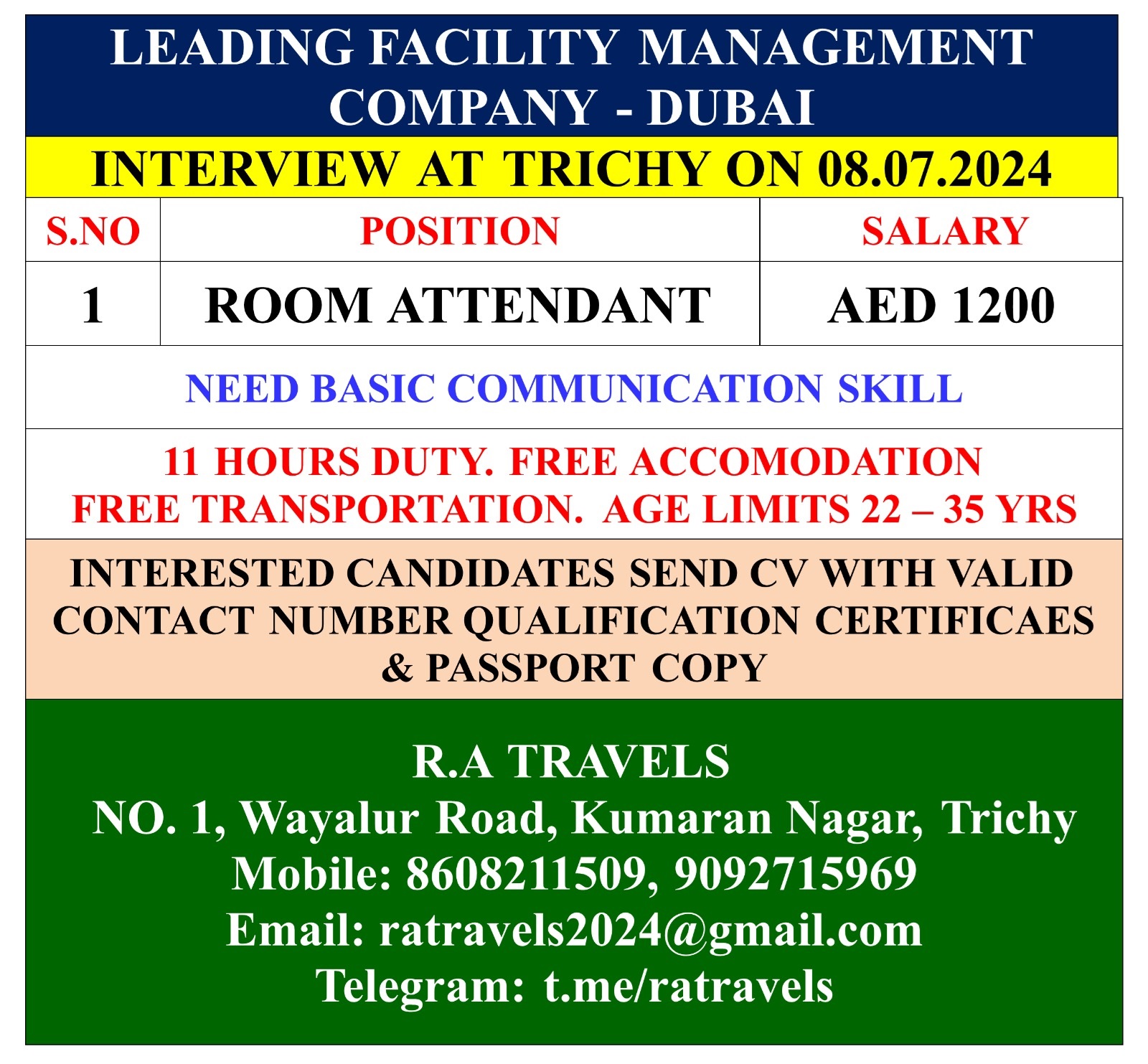 Facility Management Company Dubai Hiring Room Attendant – Client Interview at Trichy on 08-07-2024