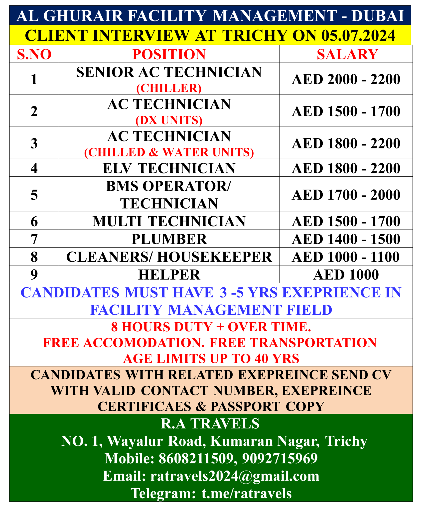 Dubai Al Ghurair Facility Management Careers – Client Interview at Trichy on 05-07-2024