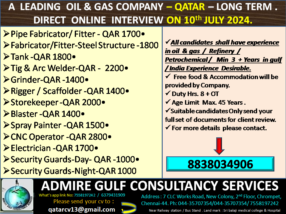 Qatar Jobs in Chennai Client Interview on 10-07-2024