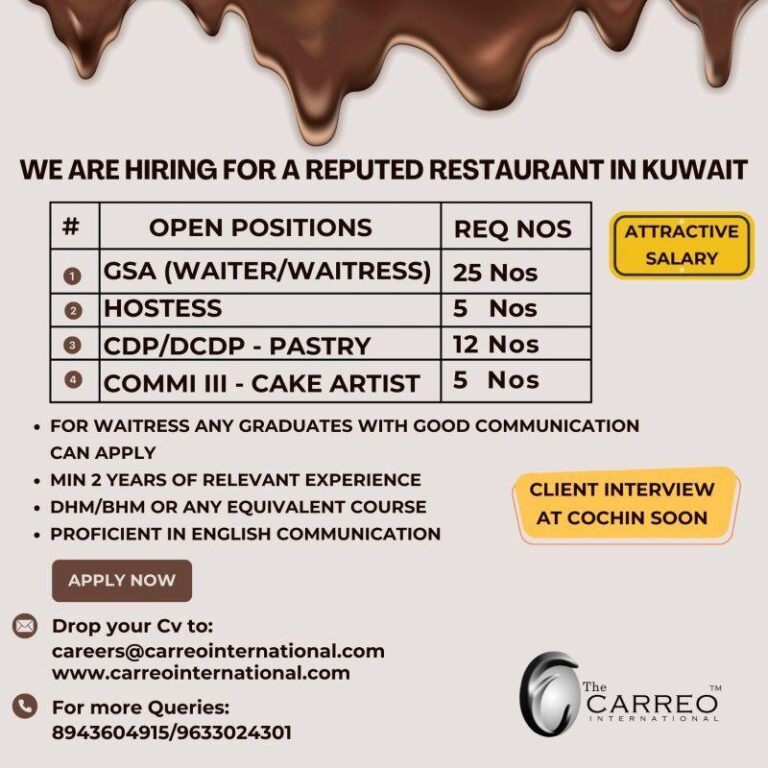 Kuwait Restaurant Hiring - Interview at Cochin Soon - 2024