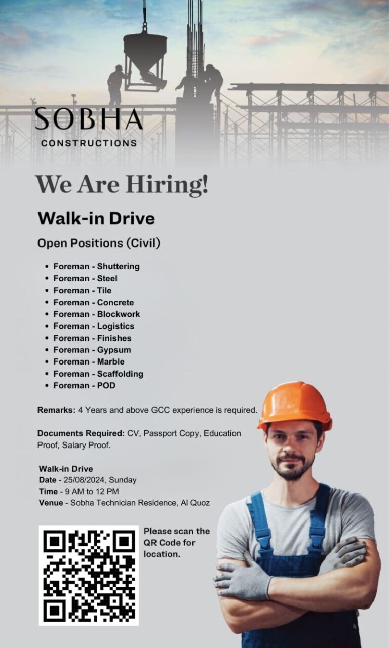 SOBHA Walk-in-Interview on 25th Aug 2024 from 9 am to 12 pm