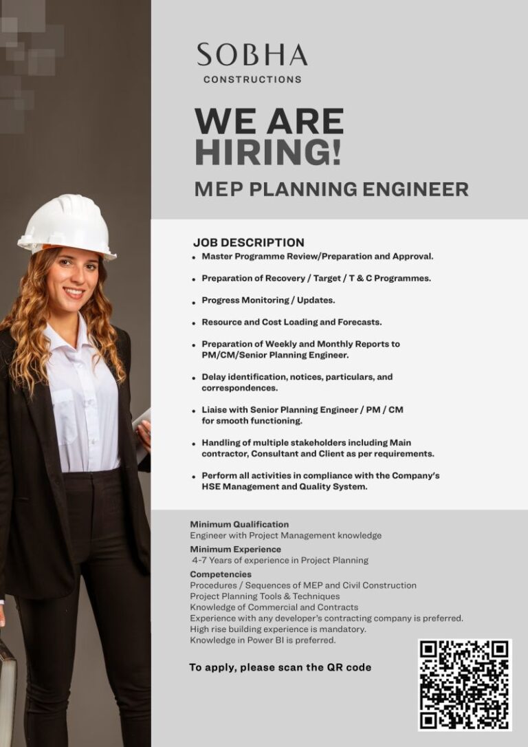 Dubai Sobha Hiring MEP Planning Engineer Aug - 2024