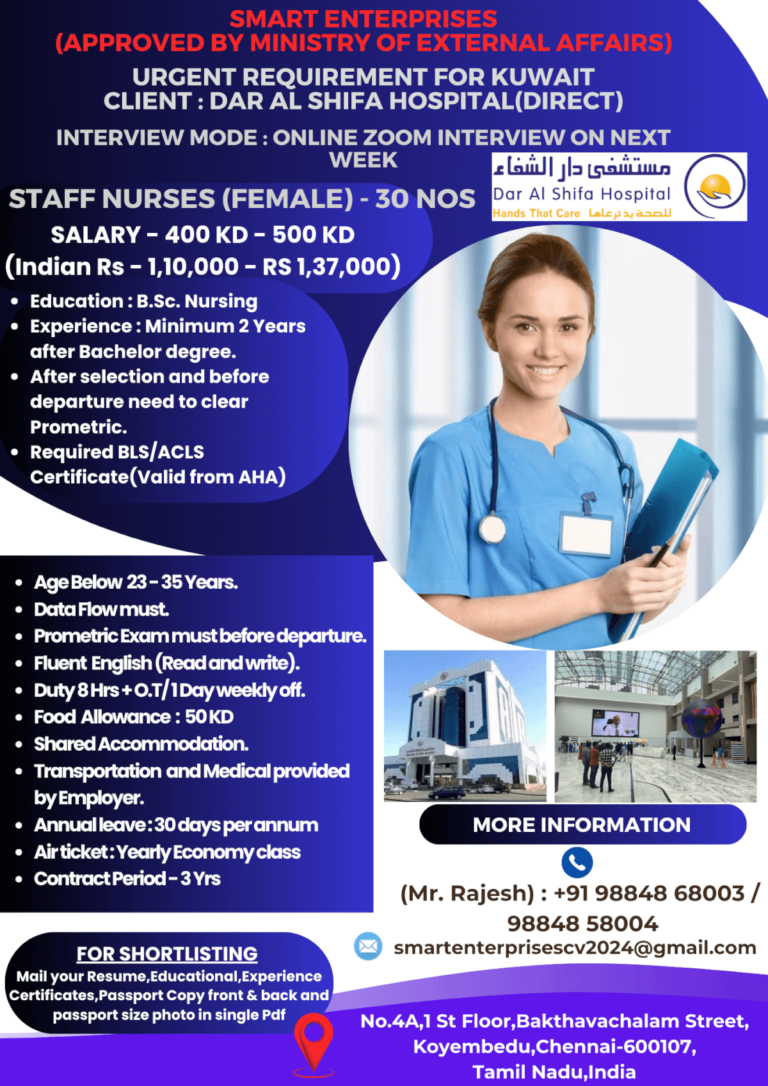 Kuwait Dar Al Shifa - Staff Nurse Job Hiring Aug 2024