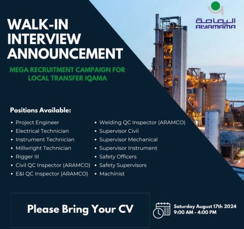 SAUDI ALYAMAMA PSSD Walk-In Interview Neom on 17th Aug 2024