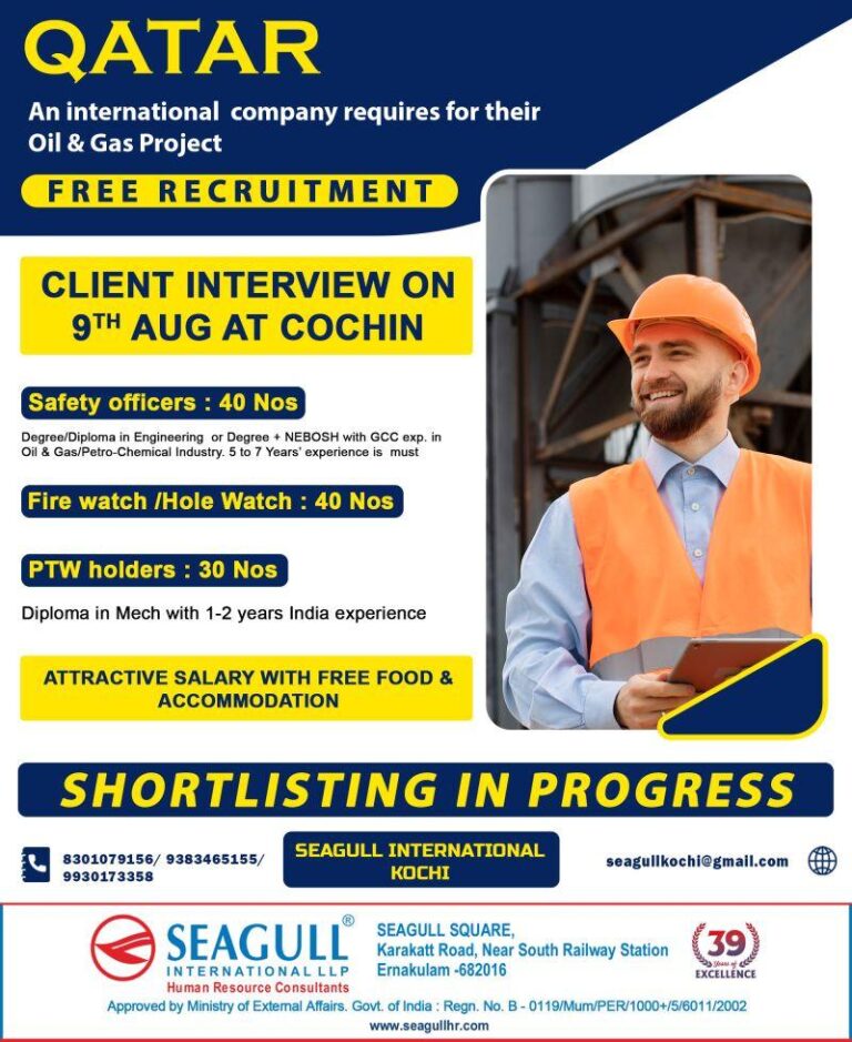 Qatar Oil and Gas Project Interview on 09th Aug at Kochi