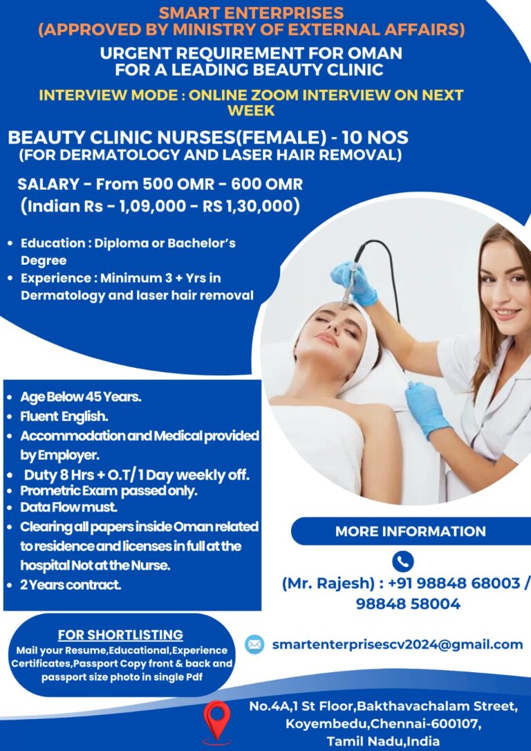 OMAN-Beauty Clinic Female Nurse Interview at Chennai Aug-24