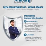 Kuwait Arabia Insurance Company Hiring Open Recruitment Day on 9th February 2025 Time 8.00 AM – 3.00 PM.