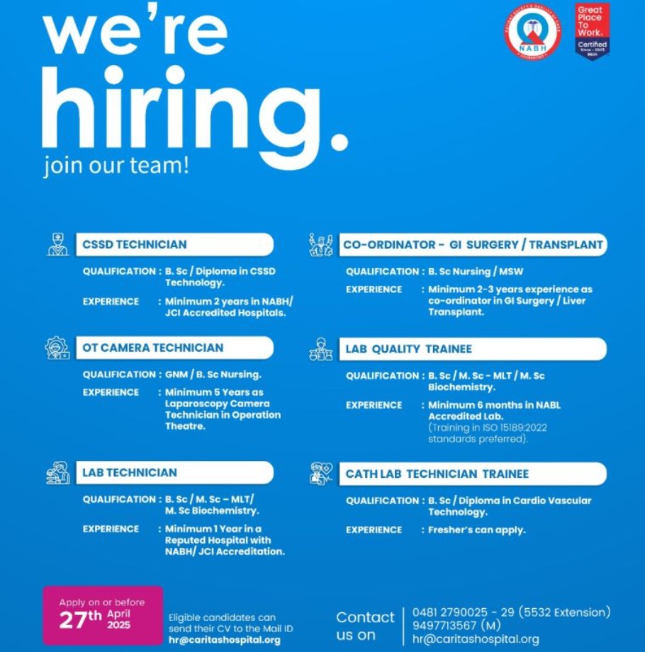 caritas hospital hiring - thriving walk-In drive – 27th april