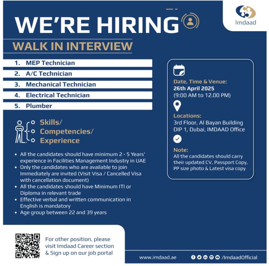 Urgent Hiring – imdaad jobs in dubai walkin drive 26th april 2025