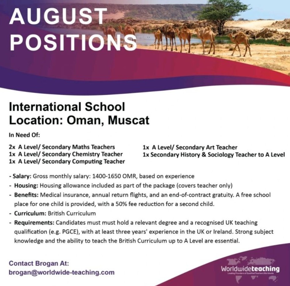 secure oman teaching jobs – august 2025 start via worldwide teaching