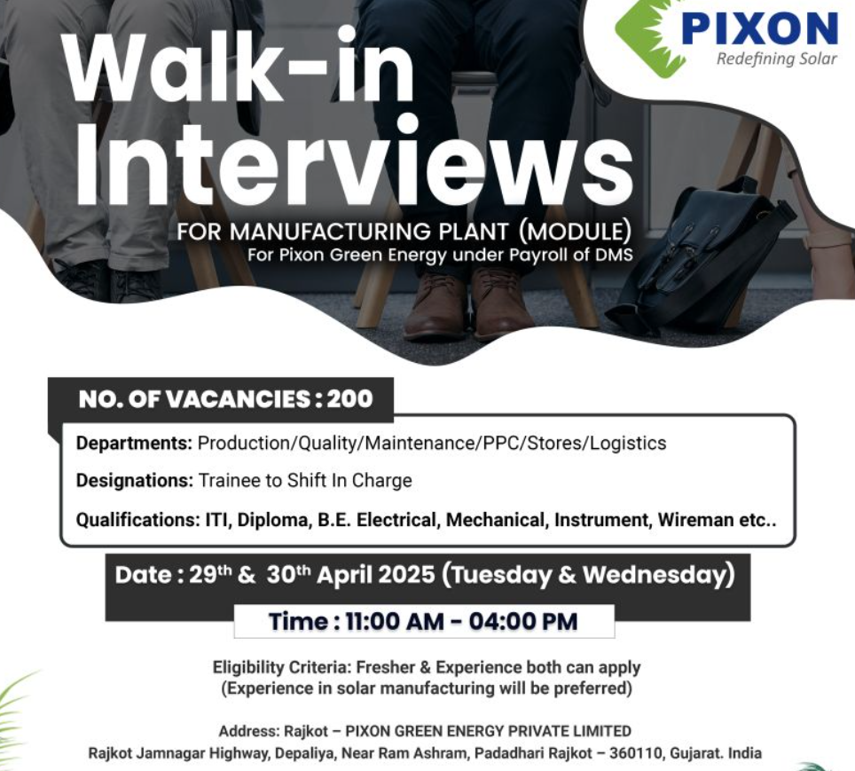 pixon green energy rajkot – solar manufacturing jobs walk-in 29th april