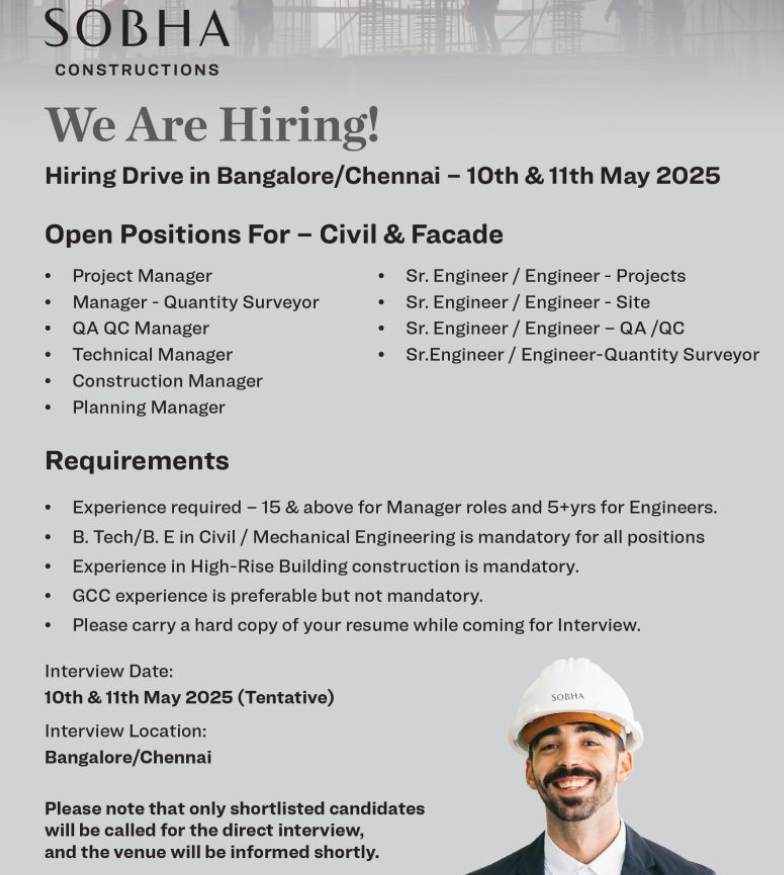 Walk-In for Civil Engineering Jobs – sobha constructions hiring in bangalore & chennai | 10th may