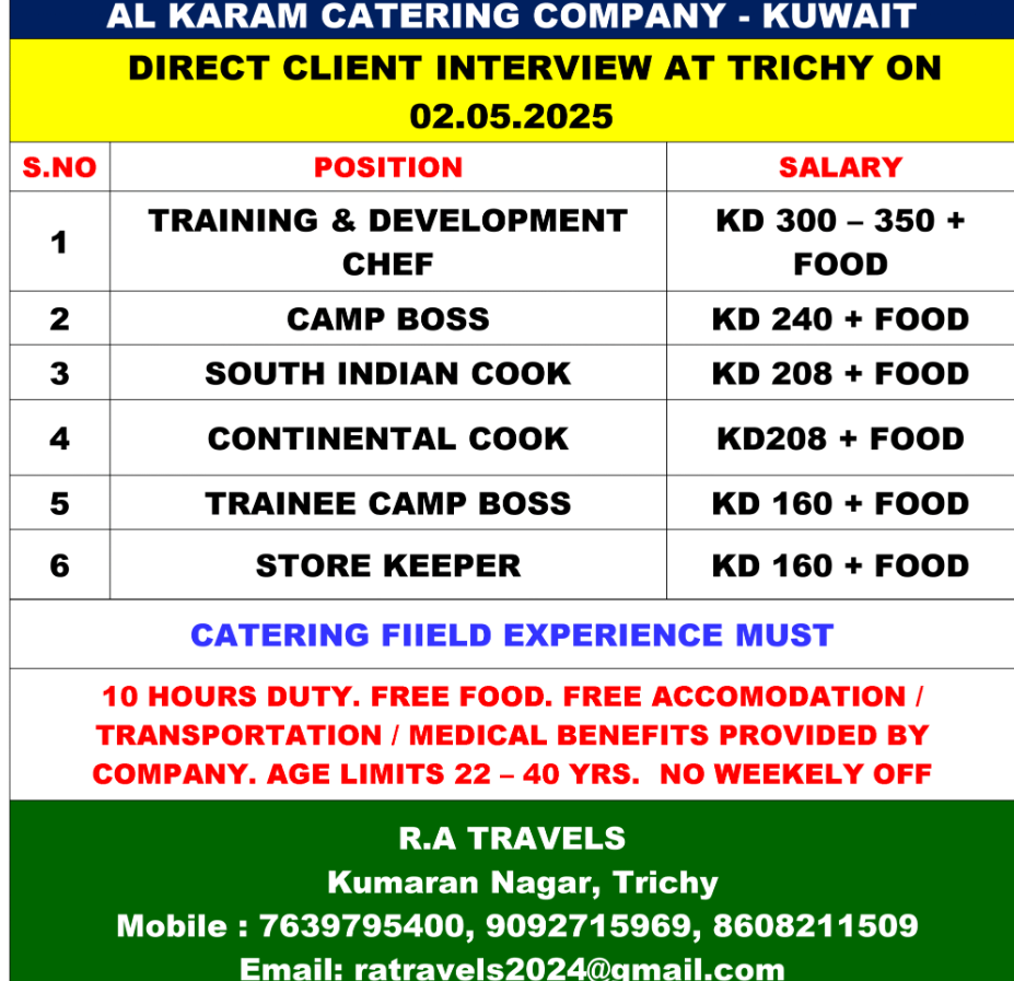 kuwait catering jobs walk-in 2nd may 2025 – join al karam catering, trichy!