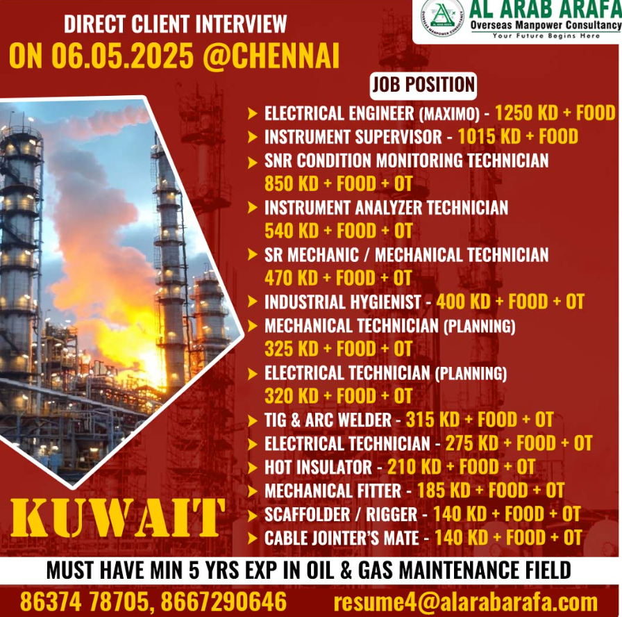 Top Kuwait Oil and Gas Jobs 6th May 2025 – Walk-in Drive at Chennai with Al Arab Arafa!