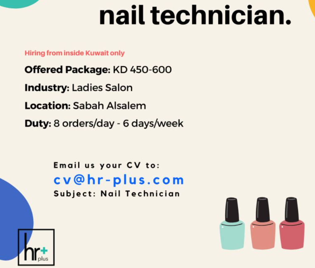 kuwait nail technician jobs april 2025 - hr plus consultancy hiring for top ladies salons