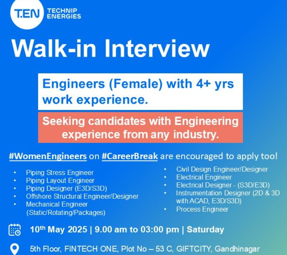 rise with technip energies – walkin drive for women engineers, 10th may gujarat