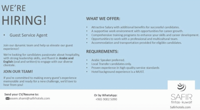 join guest service agent jobs at safir hotel kuwait – april 2025 | apply now