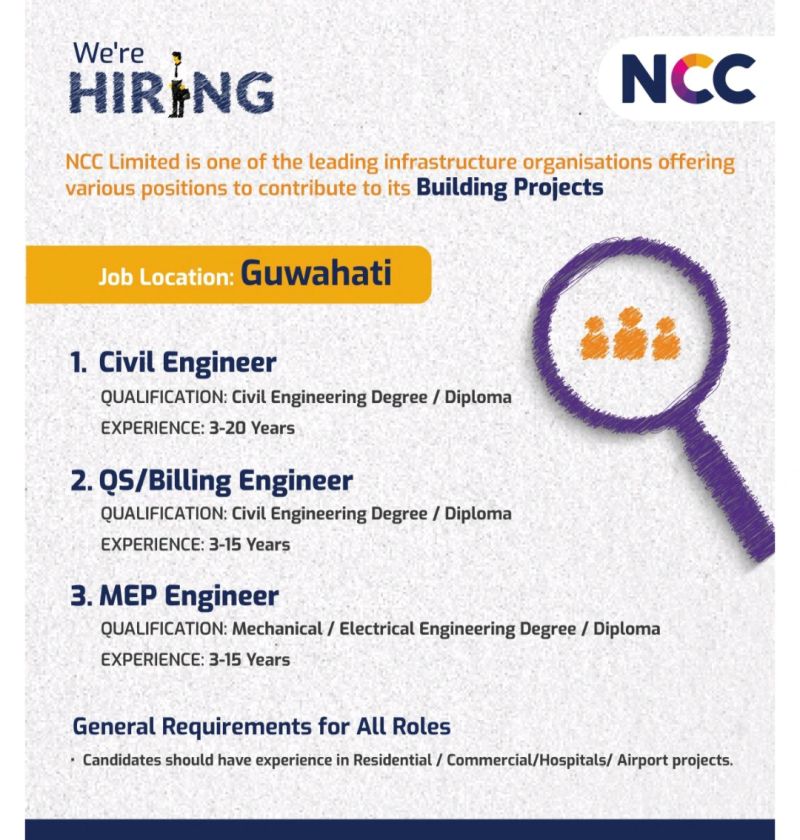 NCC Limited is Hiring: 3 Engineering Jobs in Guwahati