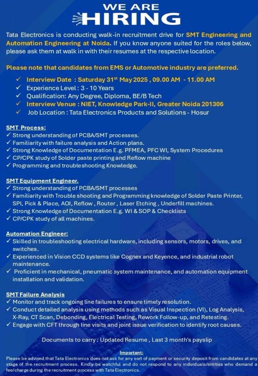 Tata Electronics Walk-In Interview 2025 -Join Now