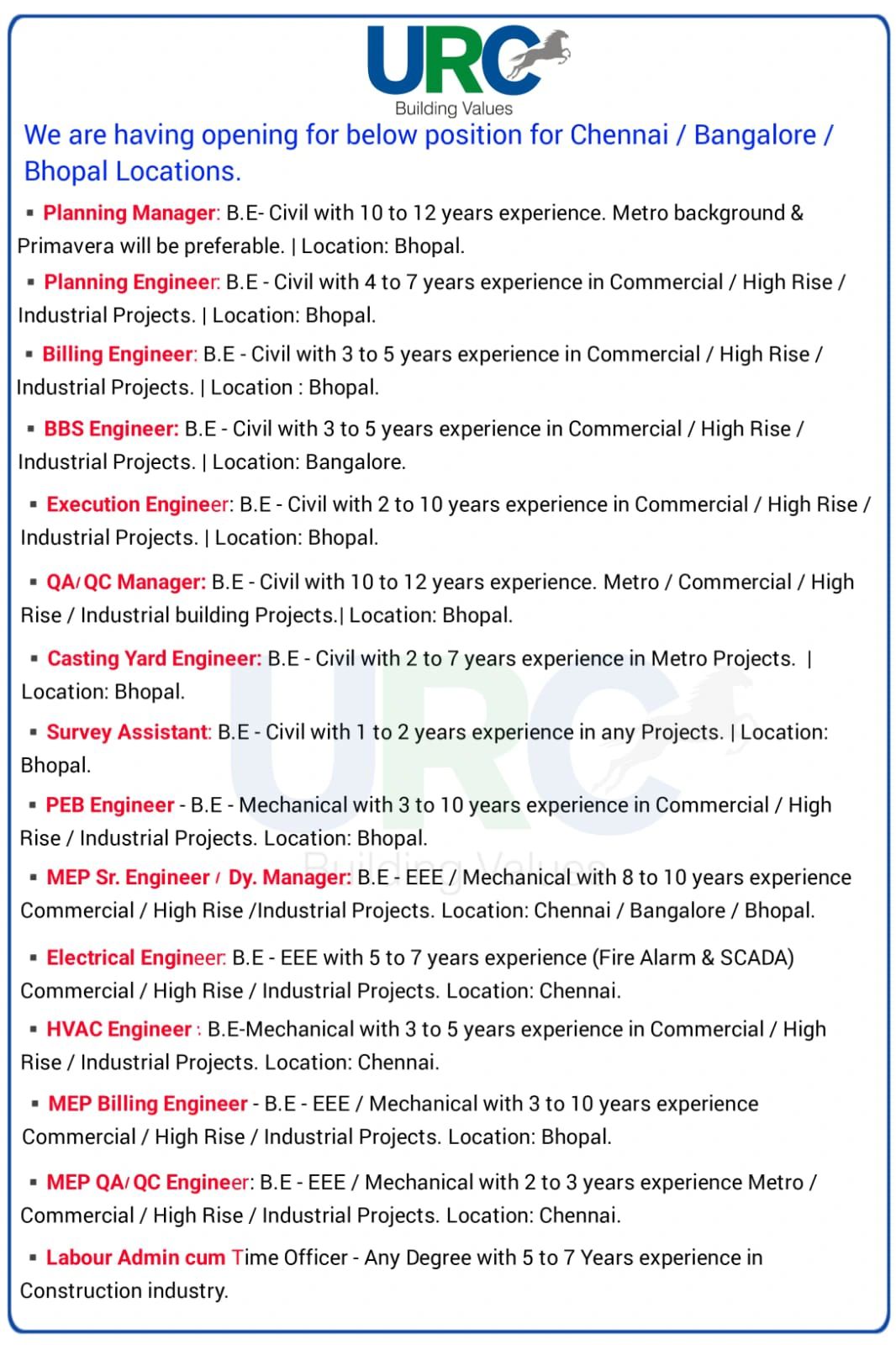 Top URC Construction Jobs 2025: High-Paying Civil & MEP Openings