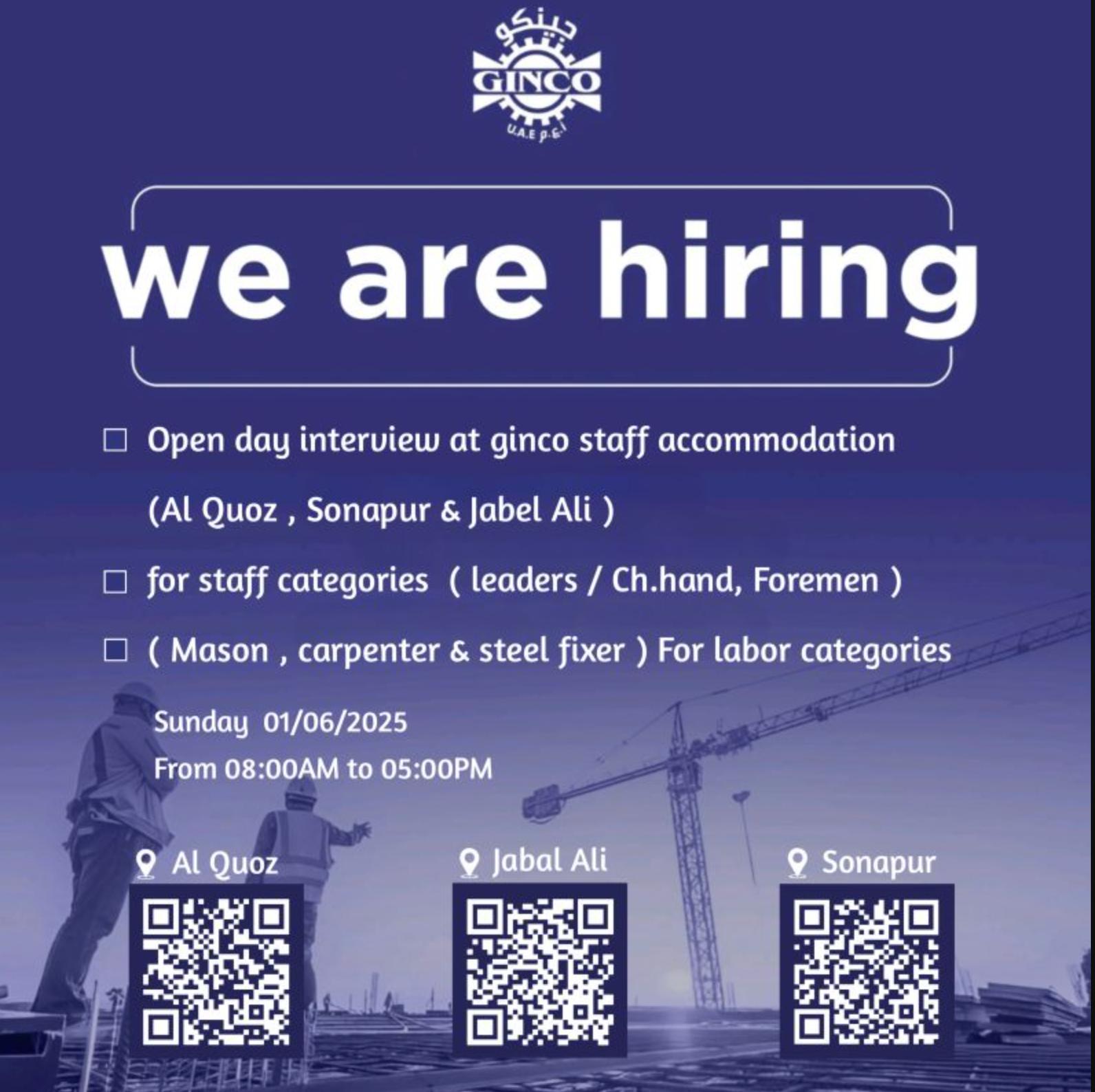 GINCO Walk-in Hiring Now – Top Dubai Construction Jobs | June 1, 2025
