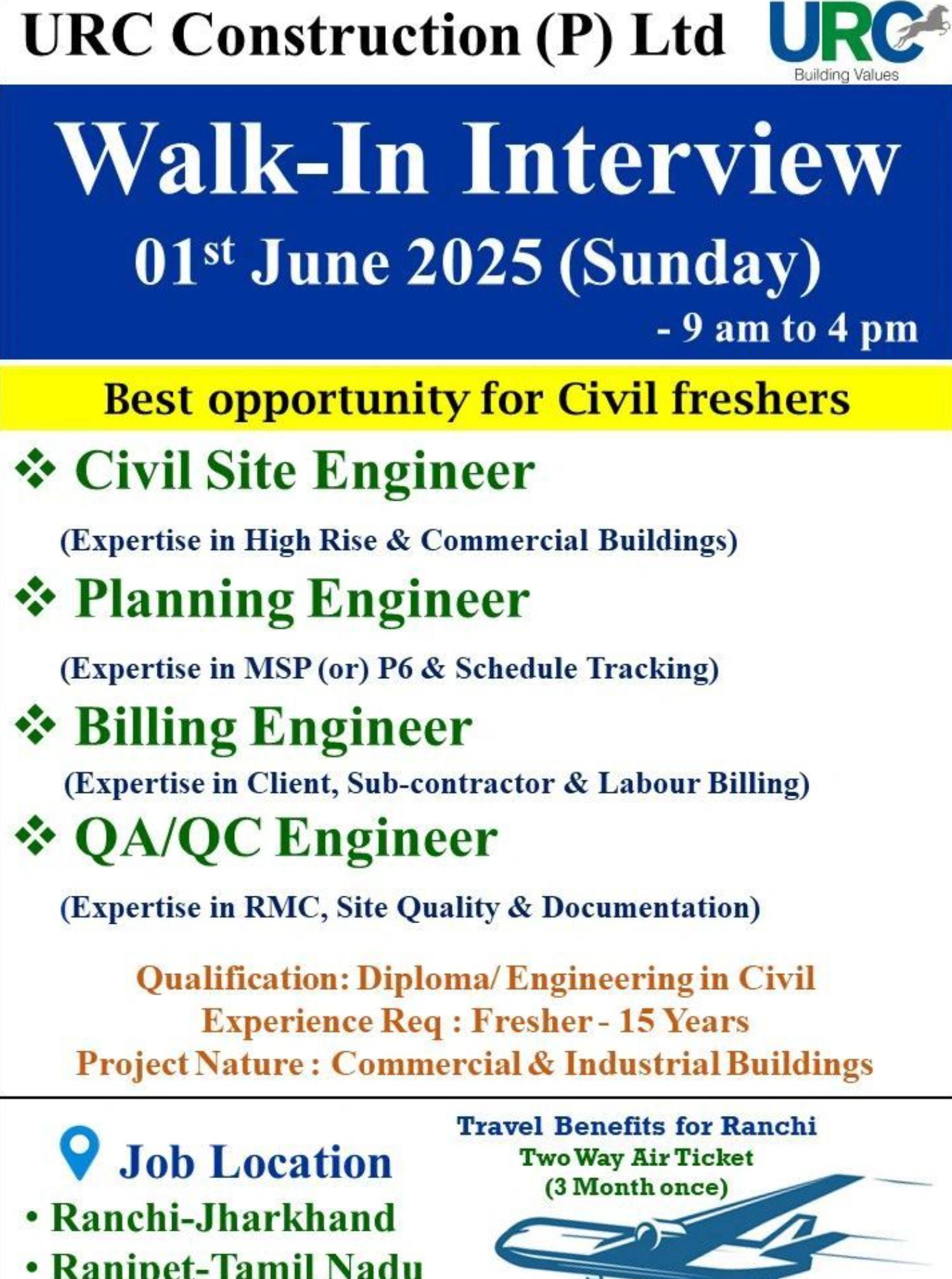 Join URC Construction Chennai Walk-In June 1 – Civil Site Engineer Jobs in India 2025 | Apply Now